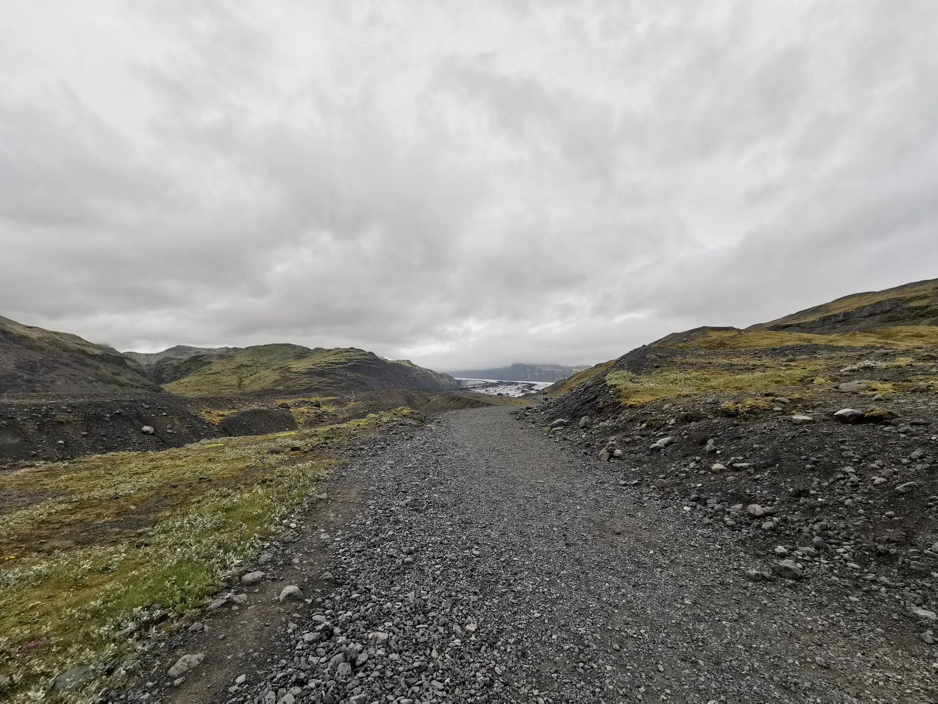 The Sólheimajökull glacier tongue with its rugged ice surface and surrounding moraine