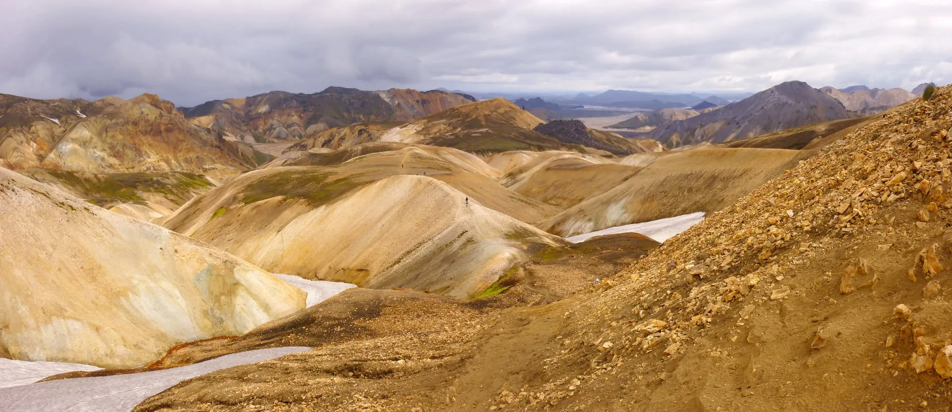 The multicoloured rhyolite mountains of the Landmannalaugar Highlands seen from the Laugavegur trail under a clear July sky