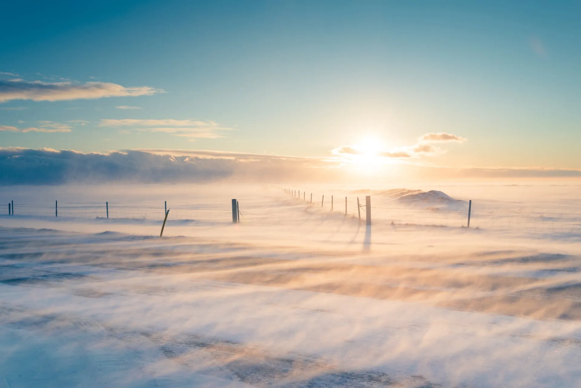 A low winter sun sitting just above the horizon over a vast Icelandic snowfield, wind-blown snow drifting across the ground and a fence line casting long shadows in pale golden light