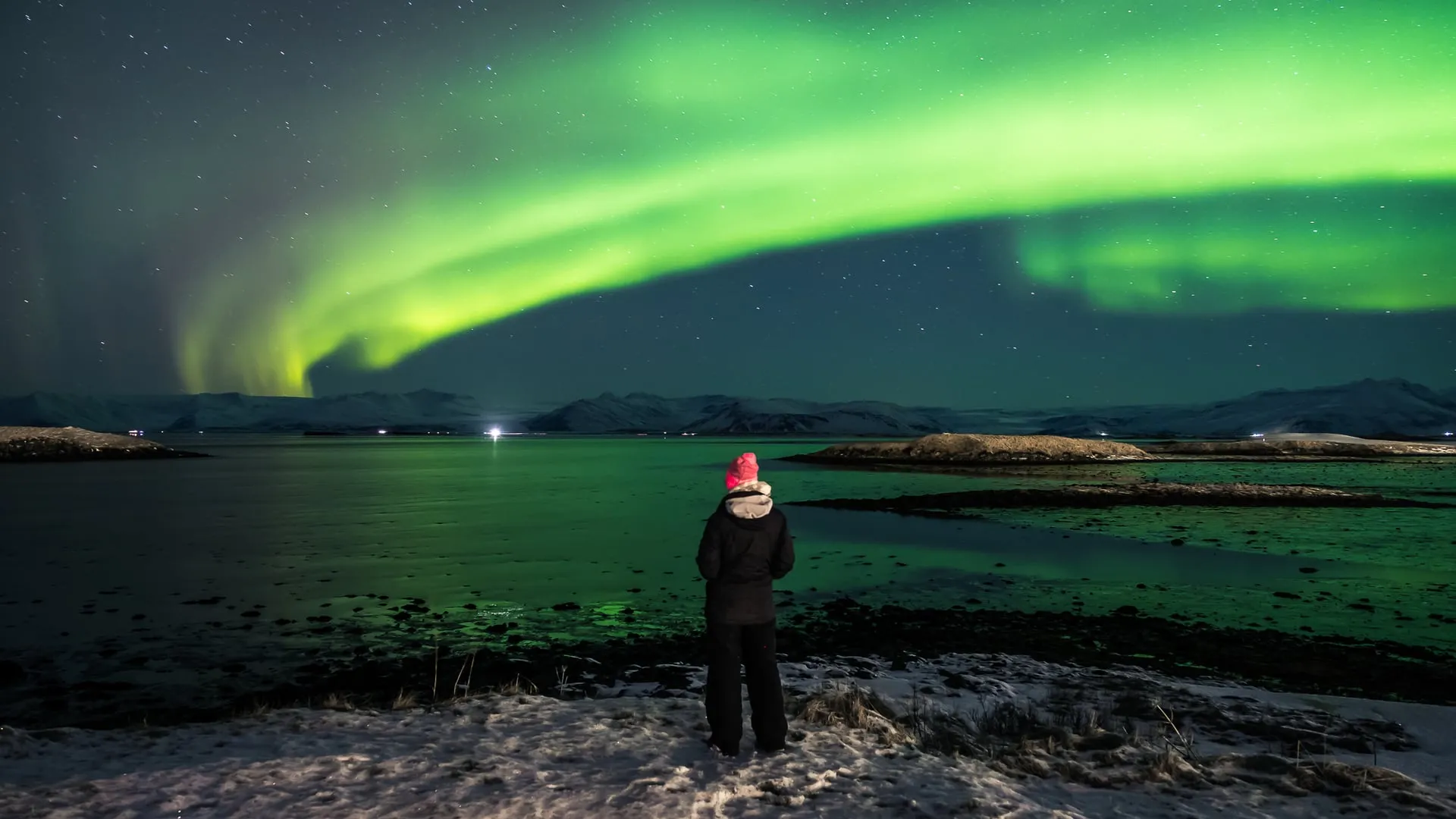 A person in a pink beanie and winter jacket stands with their back to the camera on a snowy shoreline at Höfn in southeast Iceland, watching a bright green aurora arc across the starry sky above snow-covered mountains, its glow reflected in the calm water