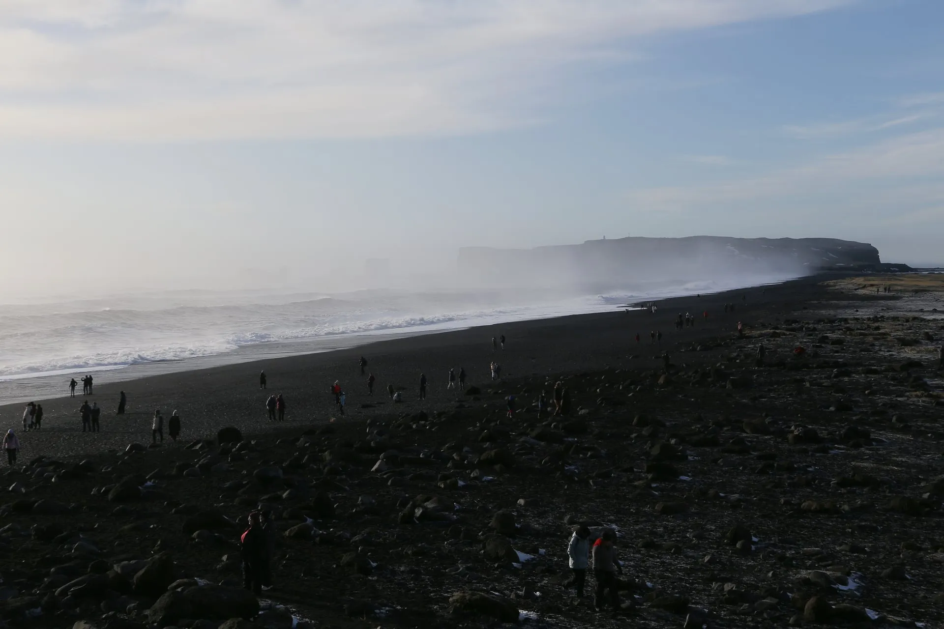 Reynisfjara black-sand beach looking west toward Dyrhólaey