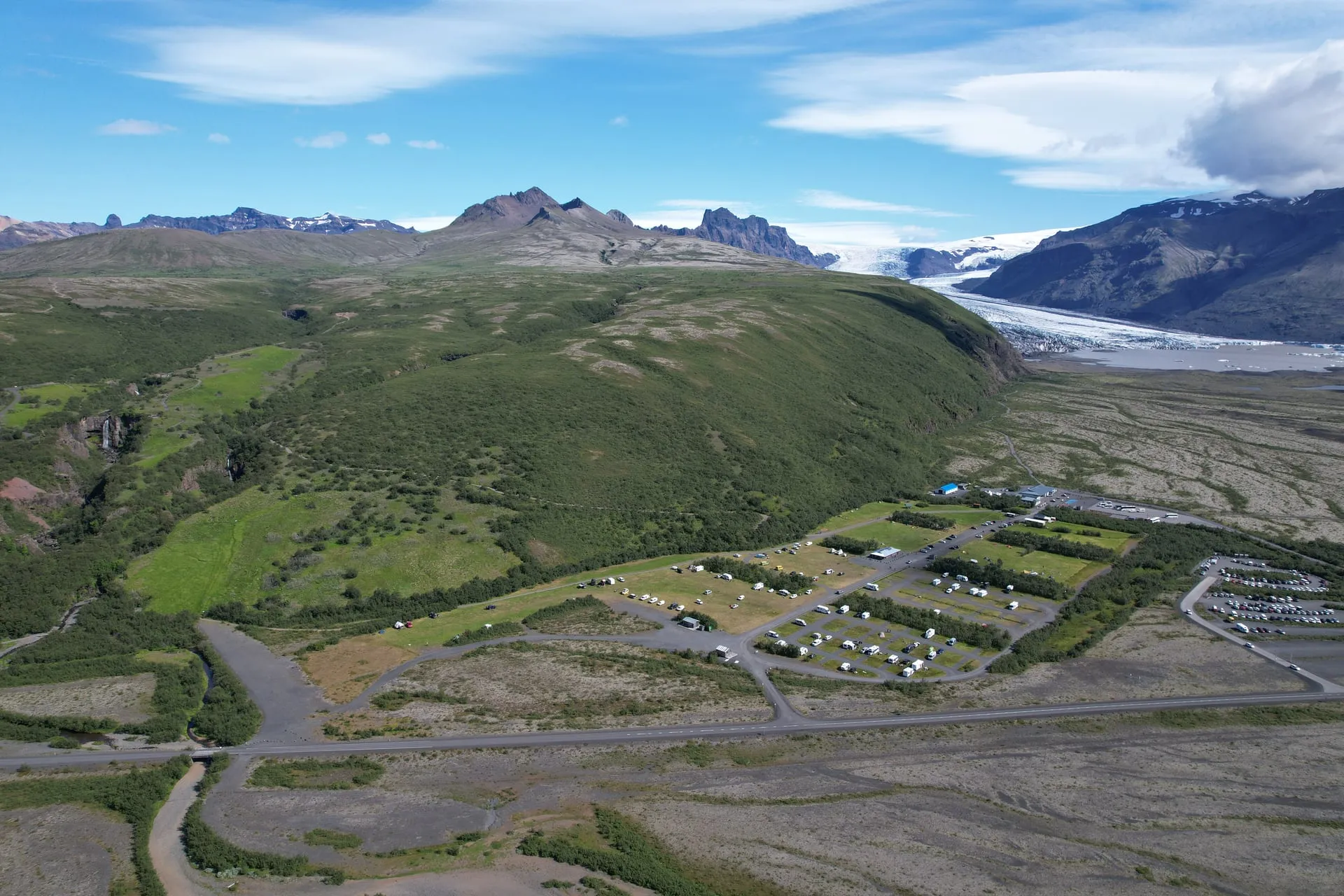 Aerial view of Skaftafell with Vatnajökull glacier in the background